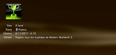 Call of Duty MW3 - Modern Warfare 3 - Trophées - PLATINE