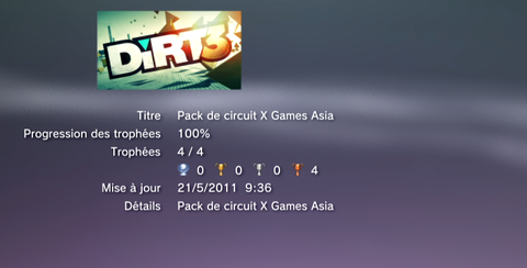 Dirt 3 Trophées DLC circuit X game asia LISTE