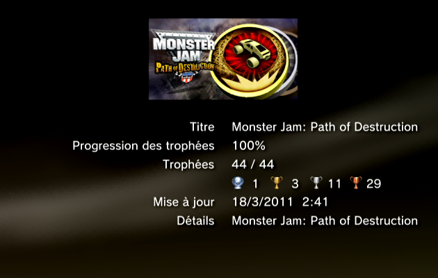 Monster Jam path of Destruction - trophées - LISTE -  1