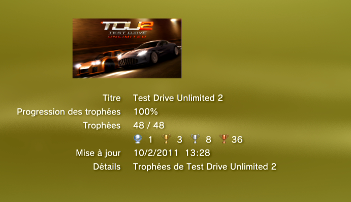 Test Drive Unlimited 2 - Trophees - LISTE 1